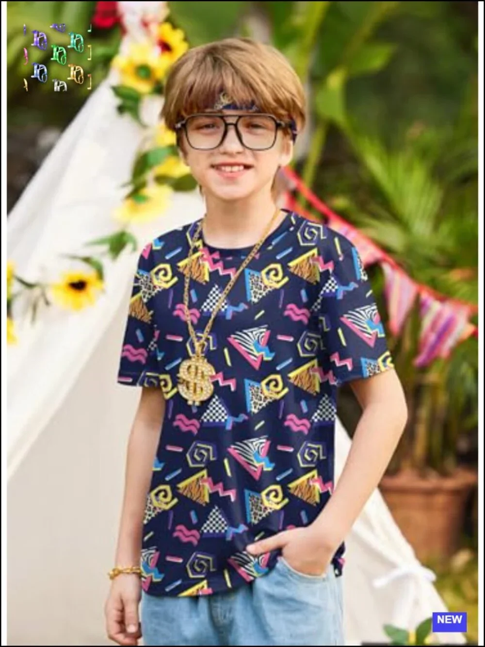 Boys 80s 90s HipHop Costume 6pcs Disco Party Outfit Geometric Print Tee Set
